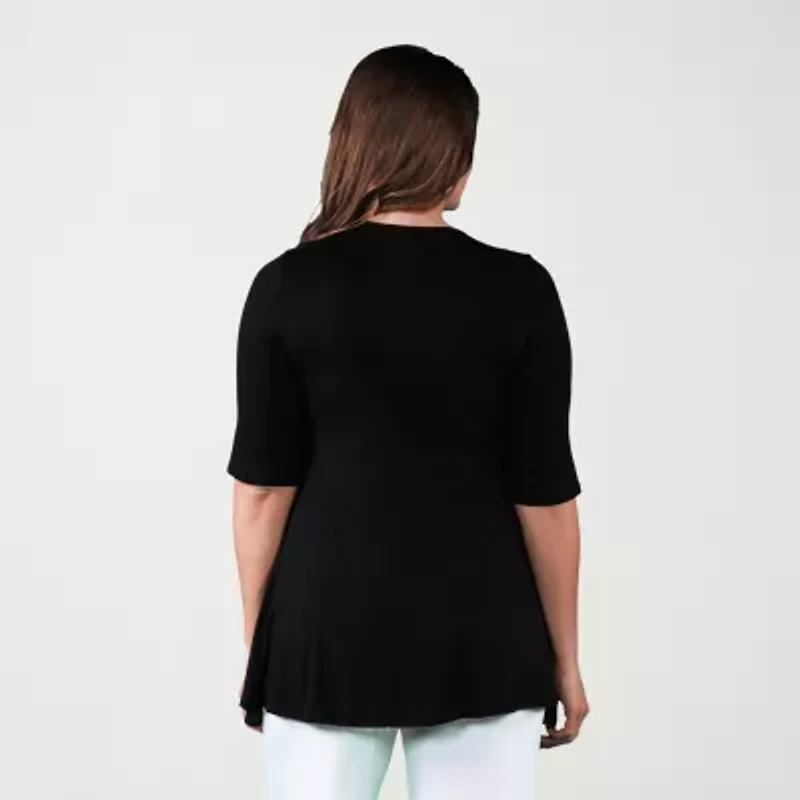 24seven Comfort Apparel Plus Womens Square Neck Elbow Sleeve Tunic Top