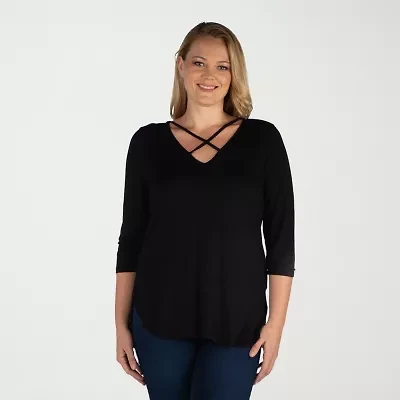 24seven Comfort Apparel Plus Womens V Neck 3/4 Sleeve Tunic Top