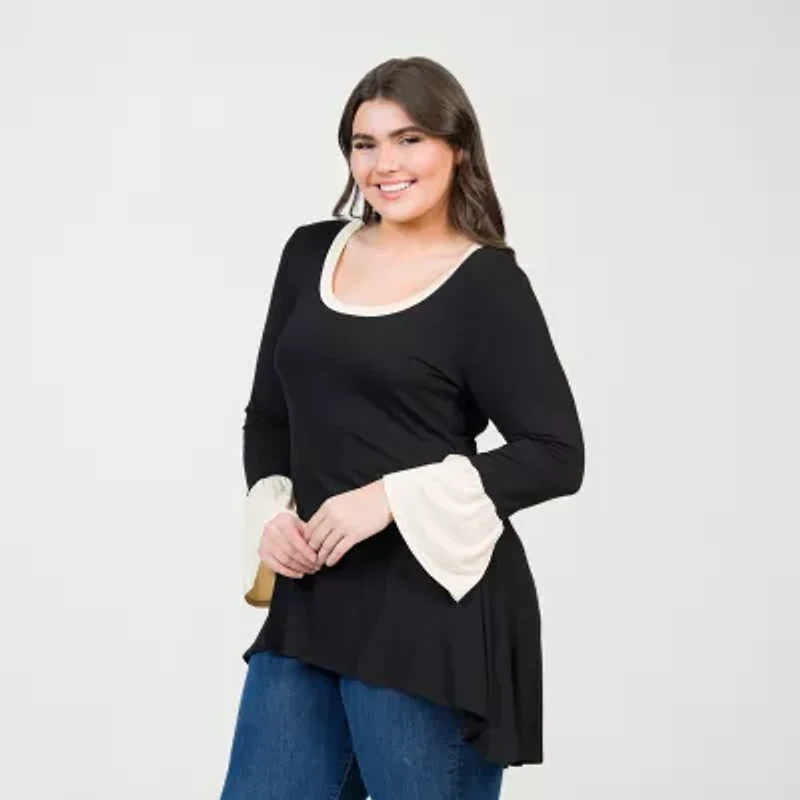 24seven Comfort Apparel Plus Womens Scoop Neck Long Sleeve Tunic Top