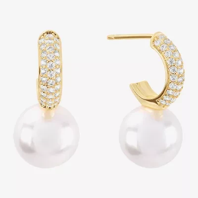 Sparkle Allure Womens Cubic Zirconia Simulated Pearl 14K Gold Over Brass 22mm Hoop Earrings