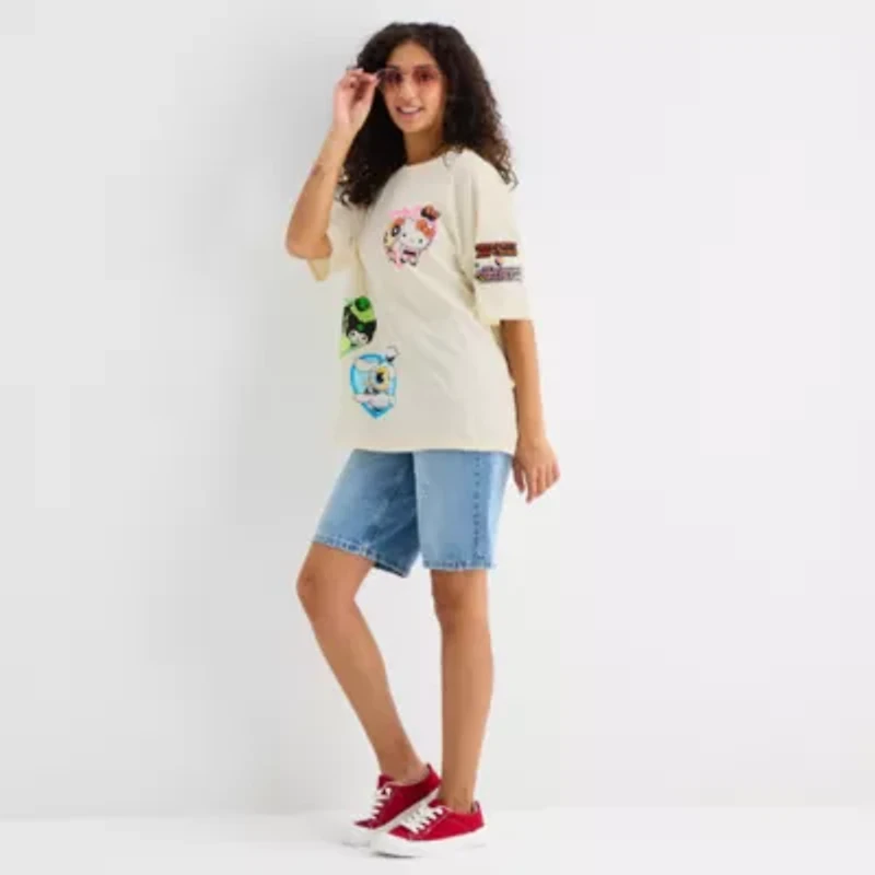 Hk X Ppg Oversized Tee Womens Juniors Crew Neck Short Sleeve Hello Kitty Powerpuff Girls Graphic T-Shirt