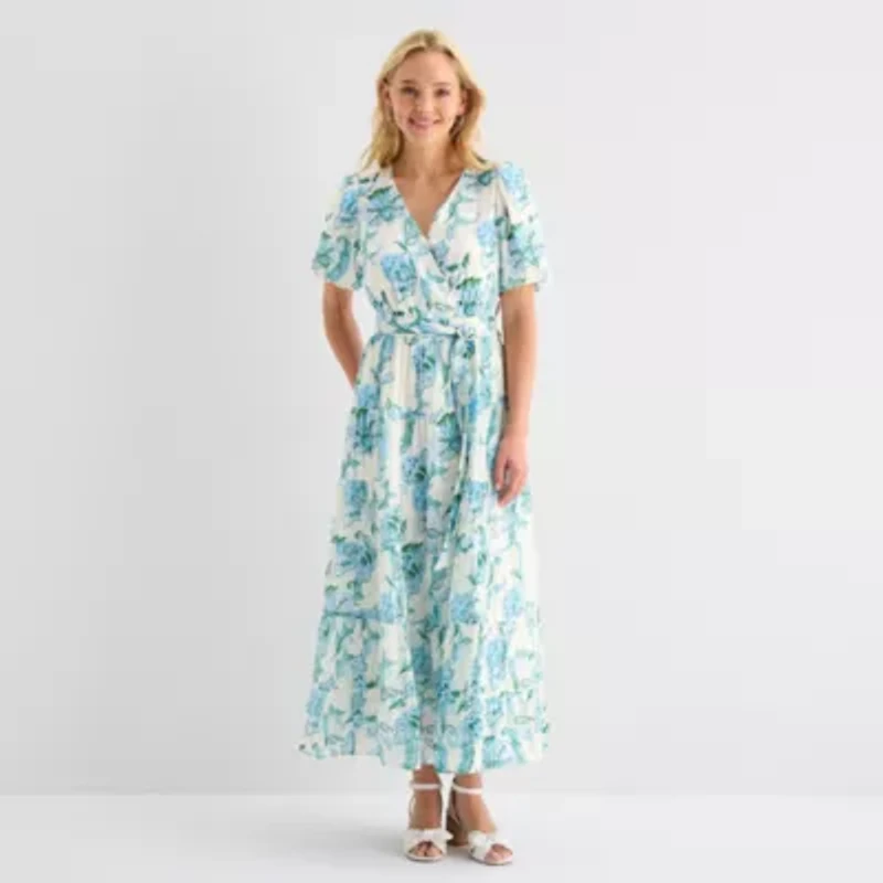 MSK Womens Short Sleeve Floral Maxi Dress