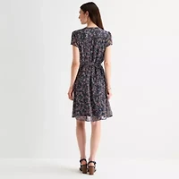 MSK Womens Short Sleeve Floral Fit + Flare Dress