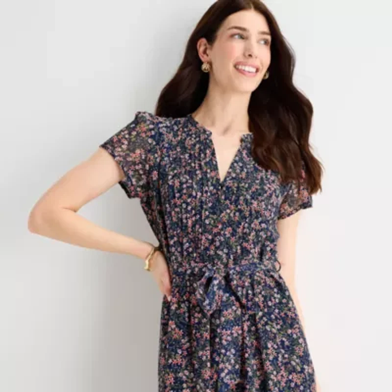 MSK Womens Short Sleeve Floral Fit + Flare Dress