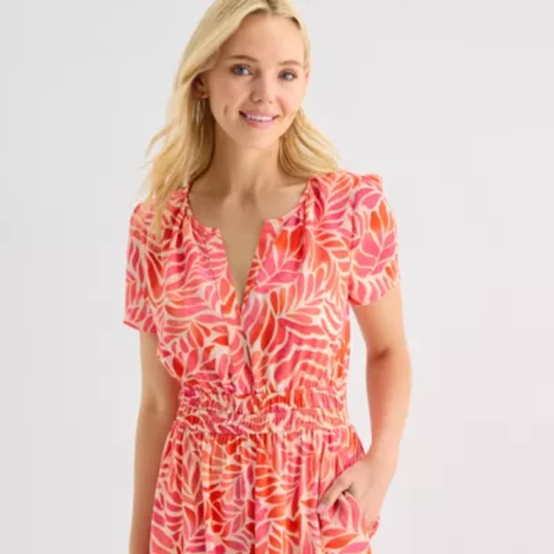 Be by CHETTA B Womens Short Sleeve Leaf Fit + Flare Dress