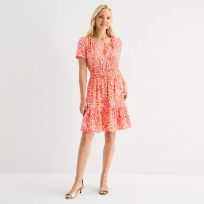 Be by CHETTA B Womens Short Sleeve Leaf Fit + Flare Dress