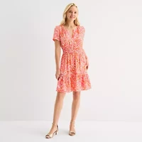 Be by CHETTA B Womens Short Sleeve Leaf Fit + Flare Dress