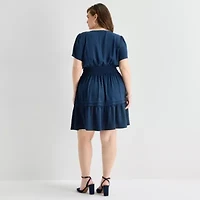Be by CHETTA B Womens Plus Short Sleeve Fit + Flare Dress