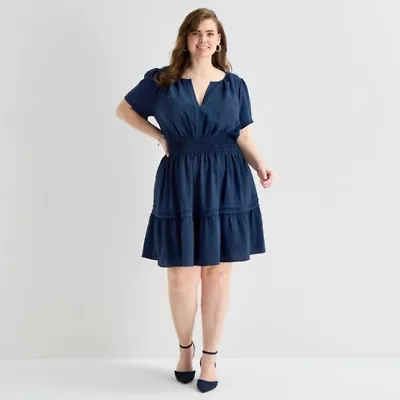 Be by CHETTA B Womens Plus Short Sleeve Fit + Flare Dress