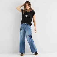 Forever 21 Womens Juniors Asymmetrical Neck Short Sleeve Graphic T-Shirt