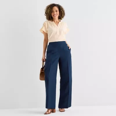 Liz Claiborne Linen Womens Wide Leg Mid Rise Pull-On Pant