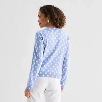 Liz Claiborne Womens Crew Neck Long Sleeve Button Dots Cardigan