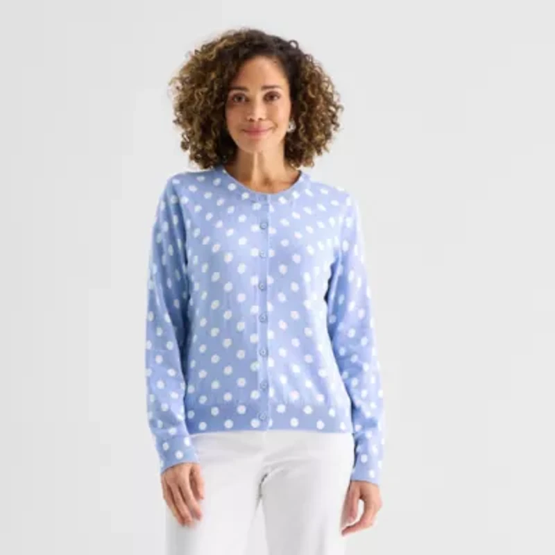 Liz Claiborne Womens Crew Neck Long Sleeve Button Dots Cardigan