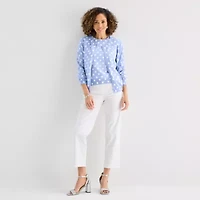 Liz Claiborne Womens Crew Neck Long Sleeve Button Dots Cardigan