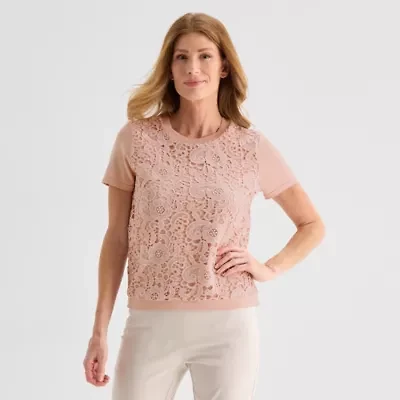 Liz Claiborne Womens Crew Neck Short Sleeve Pullover Sweater