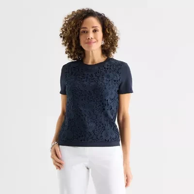 Liz Claiborne Lace Womens Crew Neck Short Sleeve Pullover Sweater