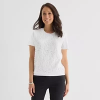 Liz Claiborne Lace Womens Crew Neck Short Sleeve Pullover Sweater