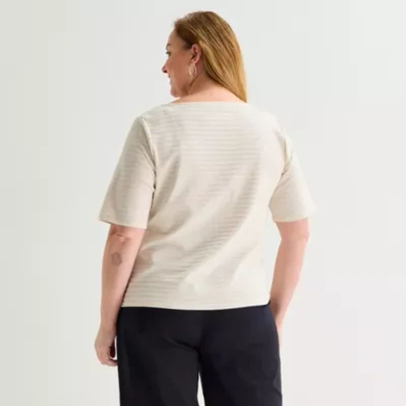 Liz Claiborne Womens Plus Boat Neck Short Sleeve T-Shirt