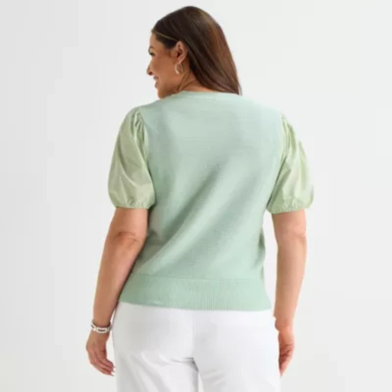 Liz Claiborne Plus Womens Crew Neck Short Sleeve Pullover Sweater