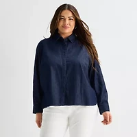 Liz Claiborne Womens Plus Fitted Long Sleeve Regular Fit Button-Down Shirt