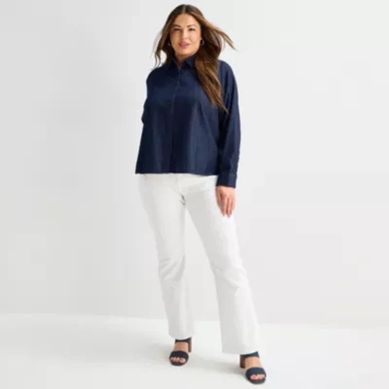 Liz Claiborne Womens Plus Fitted Long Sleeve Regular Fit Button-Down Shirt