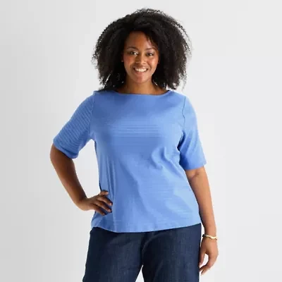Liz Claiborne Womens Plus Boat Neck Short Sleeve T-Shirt