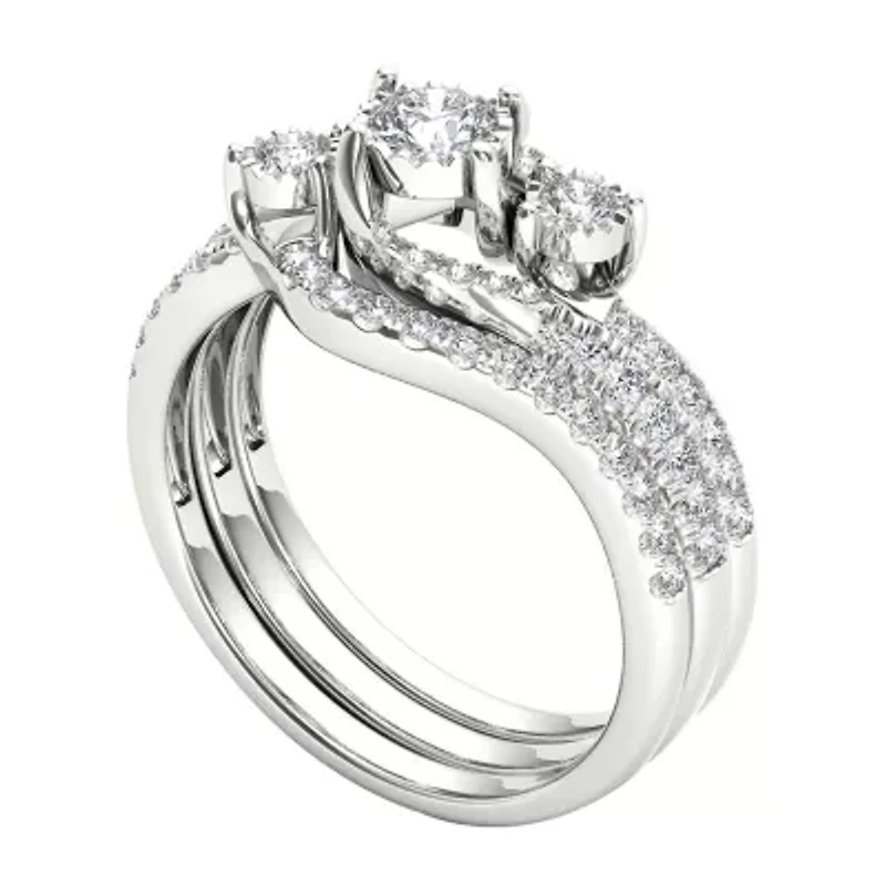 Love Lives Forever Womens 3/4 CT. T.W. Natural White Diamond 14K Gold Round Side Stone 3-Stone Bridal Set