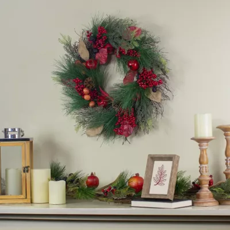 Autumn Harvest Pine  Berry and Pomegranate Wreath  24 inch  Unlit