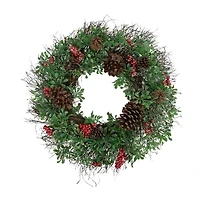 Glittered Pine Cone and Red Berry Artificial Christmas Wreath  24-Inch  Unlit