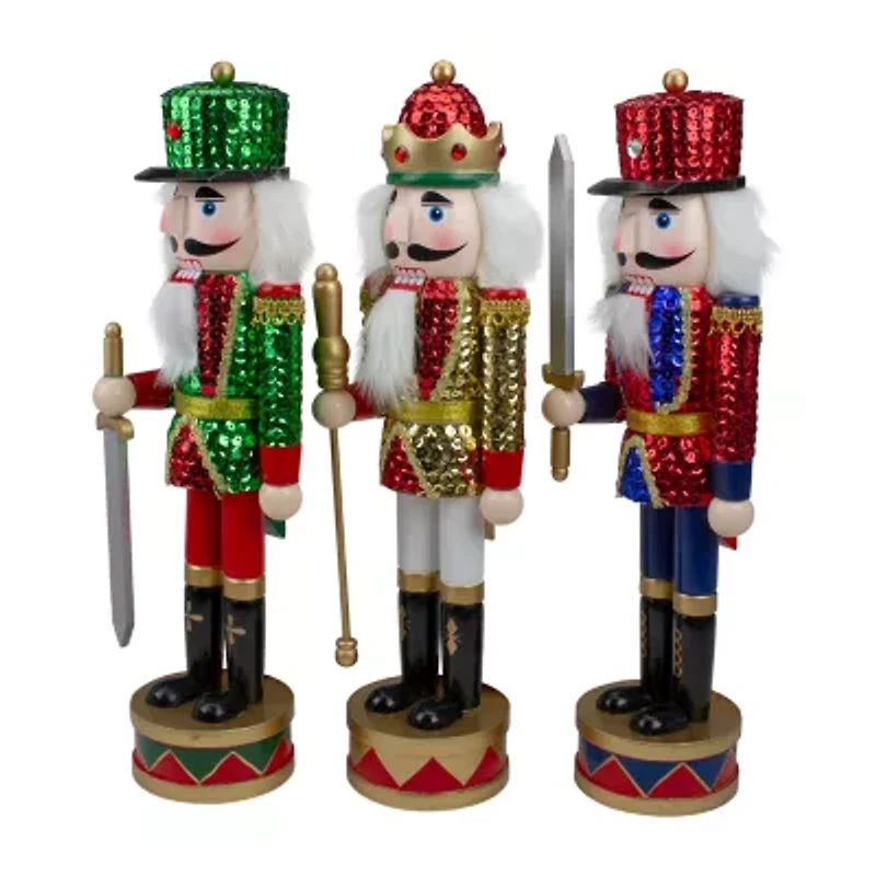Set of 3 Red Sequin Jacket Wooden Christmas Nutcrackers 14.25"