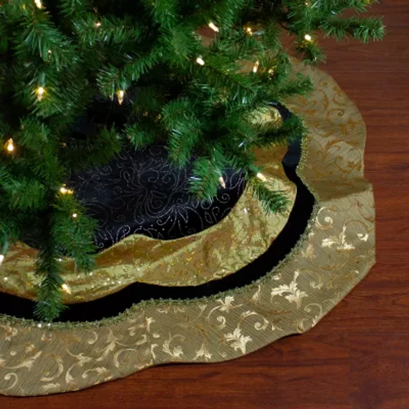 48'' Black and Gold Velveteen Floral Scallop Christmas Tree Skirt
