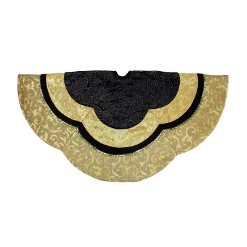 48'' Black and Gold Velveteen Floral Scallop Christmas Tree Skirt