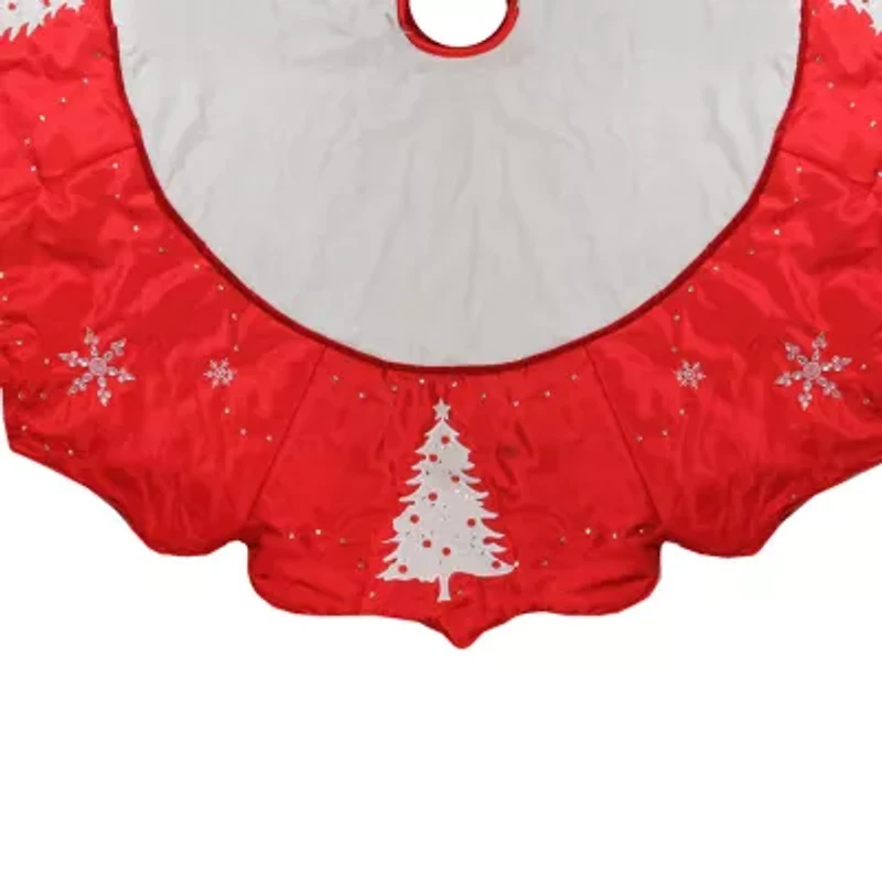 54'' Red and White Embroidered Jeweled Tree with Snowflake Christmas Tree Skirt
