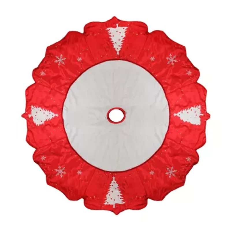 54'' Red and White Embroidered Jeweled Tree with Snowflake Christmas Tree Skirt