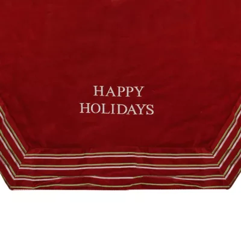 56'' Red and White 'Happy Holidays' Christmas Tree Skirt with Striped Trim