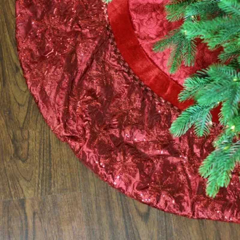 60'' Red Velvet Damask Sequin Embroidered Poinsettia Trimmed Scalloped Edge Christmas Tree Skirt