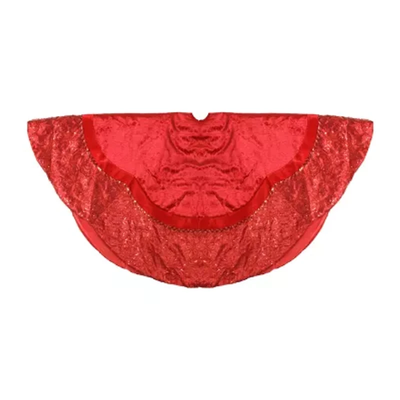 60'' Red Velvet Damask Sequin Embroidered Poinsettia Trimmed Scalloped Edge Christmas Tree Skirt