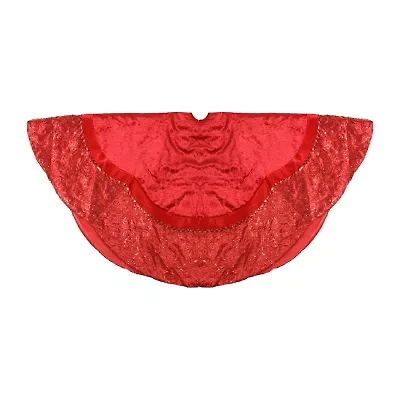 60'' Red Velvet Damask Sequin Embroidered Poinsettia Trimmed Scalloped Edge Christmas Tree Skirt
