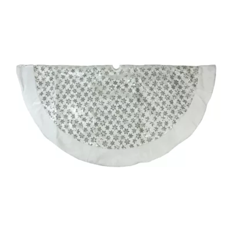 60'' White and Silver Sequin Snowflake Christmas Tree Skirt with Faux Fur Border