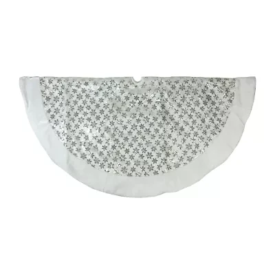 60'' White and Silver Sequin Snowflake Christmas Tree Skirt with Faux Fur Border