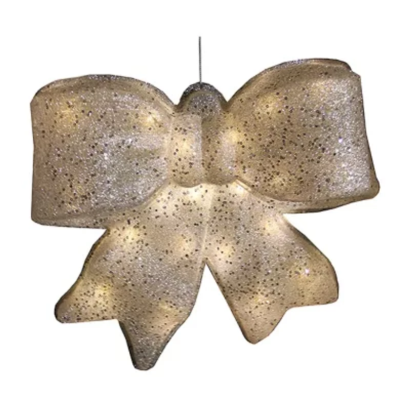 16'' Silver Glittered Battery Operated Lighted LED Bow Christmas Decoration