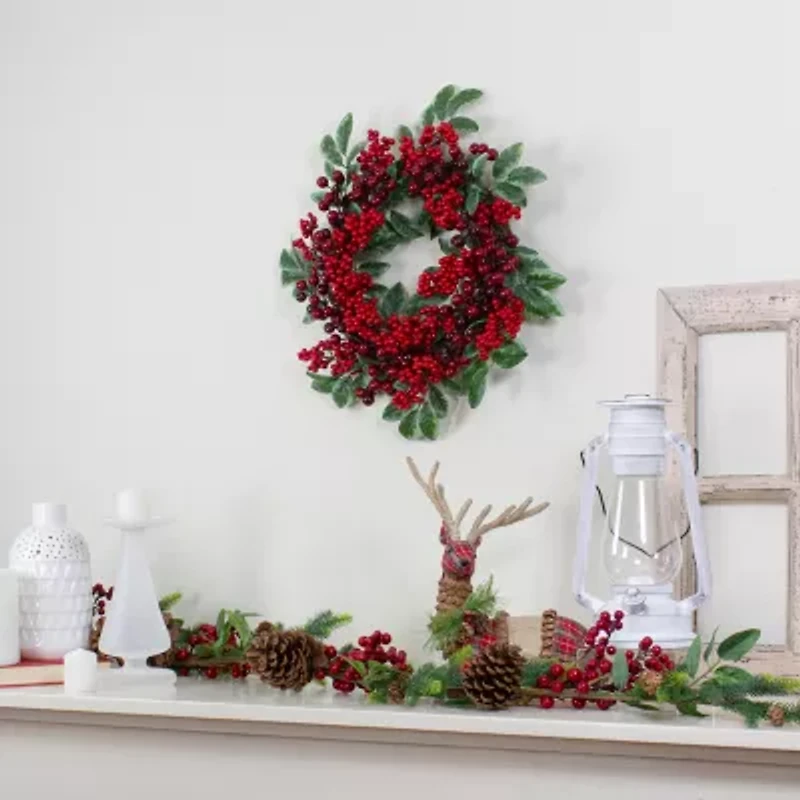 Red Berries and Two-Tone Green Leaves Artificial Christmas Wreath - 18-Inch  Unlit