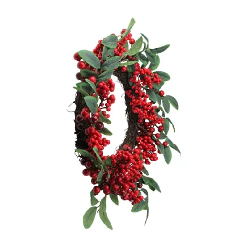 Red Berries and Two-Tone Green Leaves Artificial Christmas Wreath - 18-Inch  Unlit