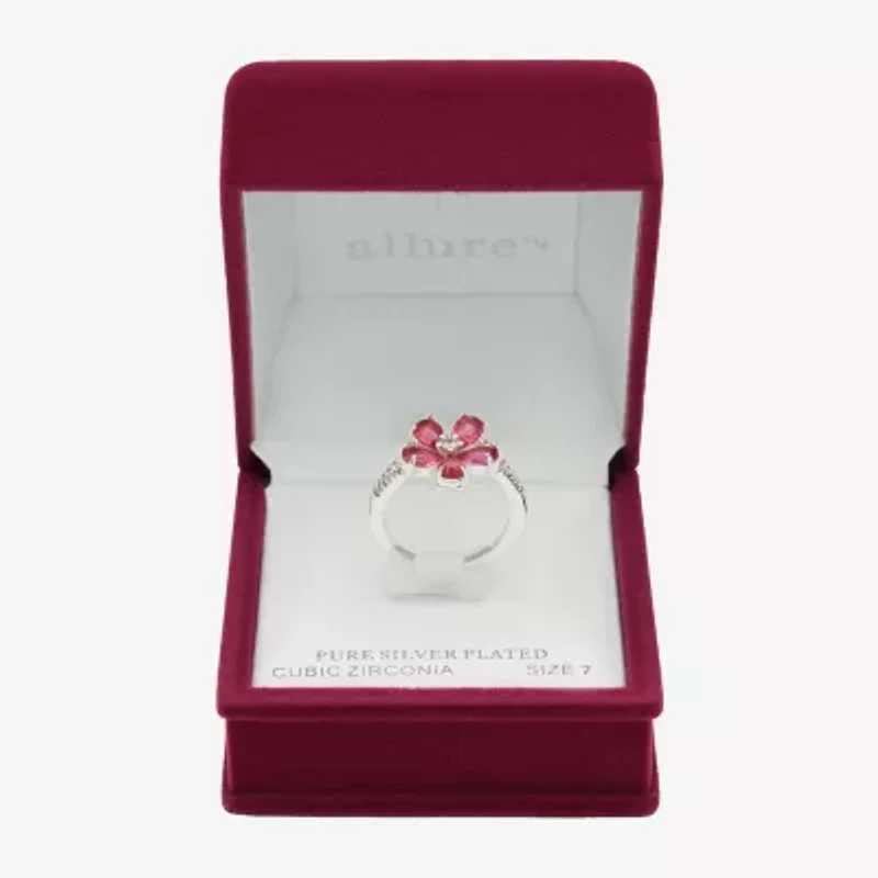 Sparkle Allure Womens Pink Crystal Pure Silver Over Brass Flower Cocktail Ring