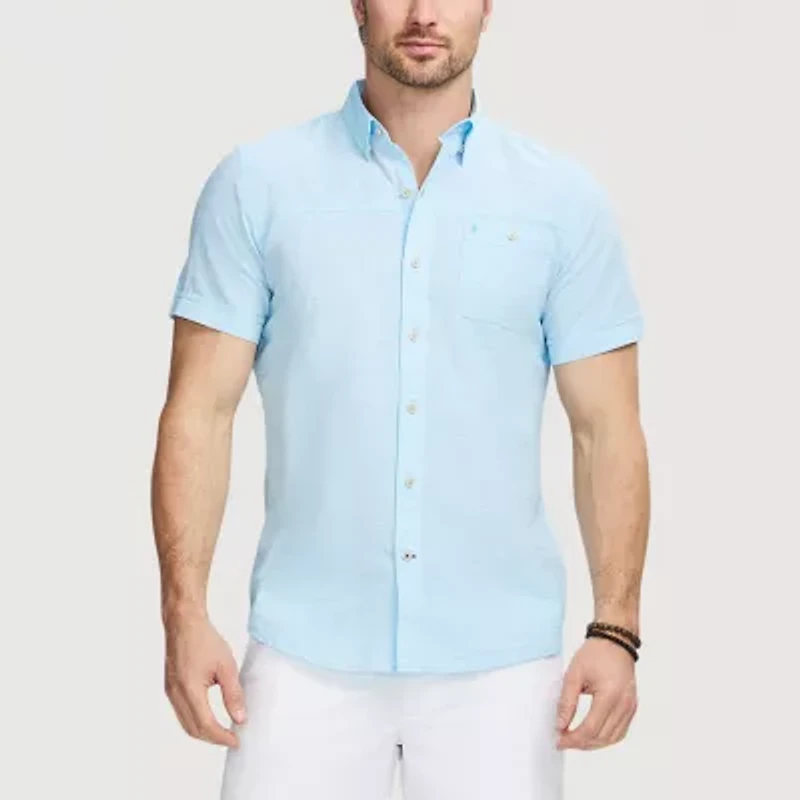 IZOD Dockside Chambray Mens Short Sleeve Regular Fit Stretch Fabric Button-Down Shirt