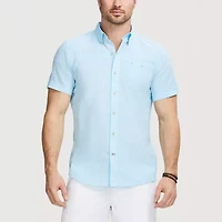 IZOD Dockside Chambray Mens Short Sleeve Regular Fit Stretch Fabric Button-Down Shirt