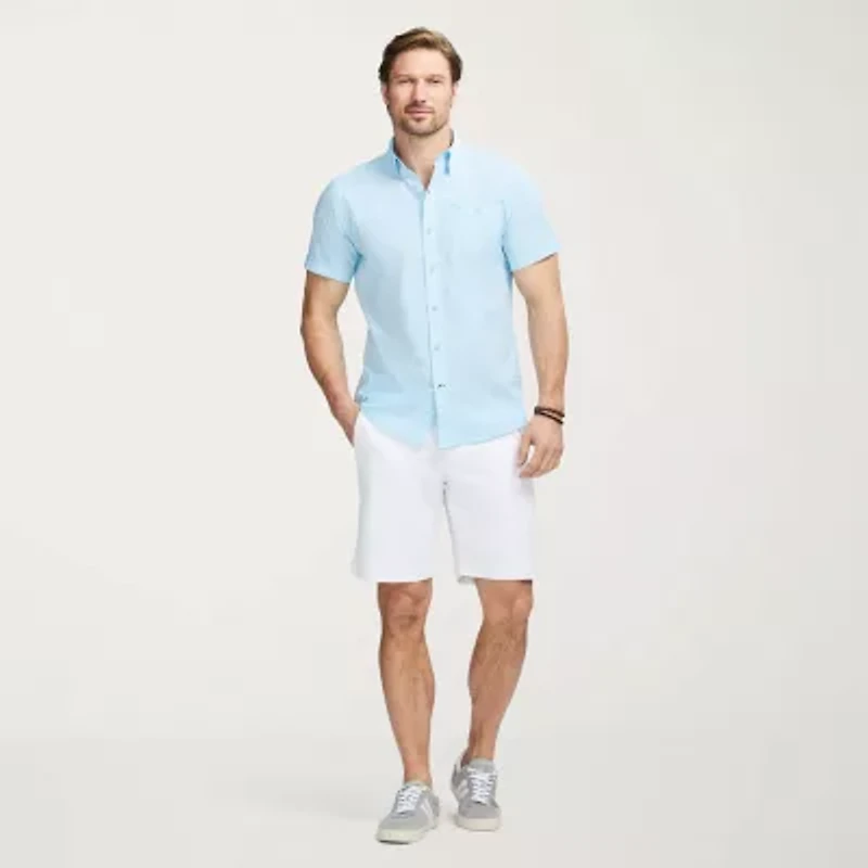 IZOD Dockside Chambray Mens Short Sleeve Regular Fit Stretch Fabric Button-Down Shirt