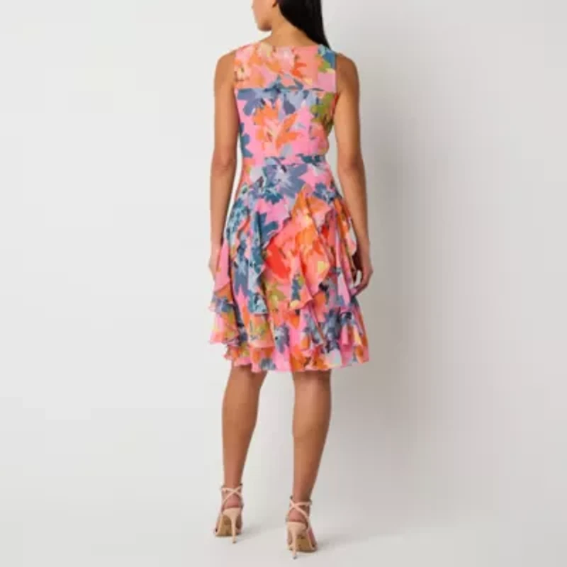 Robbie Bee Womens Sleeveless Floral Petite Fit + Flare Dress
