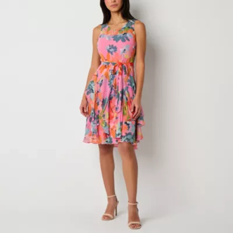 Robbie Bee Womens Sleeveless Floral Petite Fit + Flare Dress