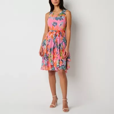 Robbie Bee Womens Sleeveless Floral Petite Fit + Flare Dress